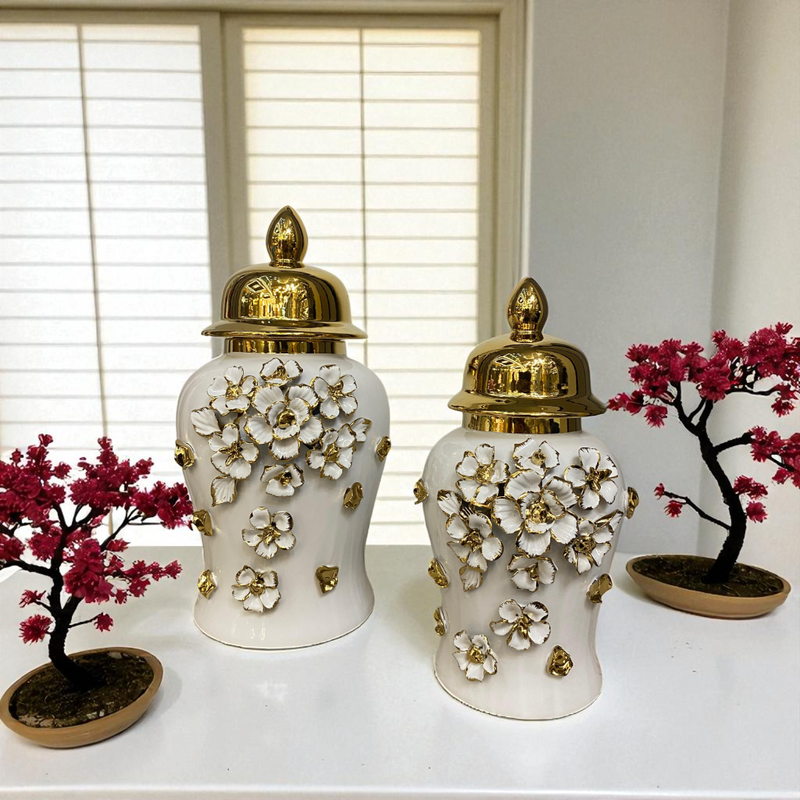 Floral Elegance White-Gold Porcelain Urns