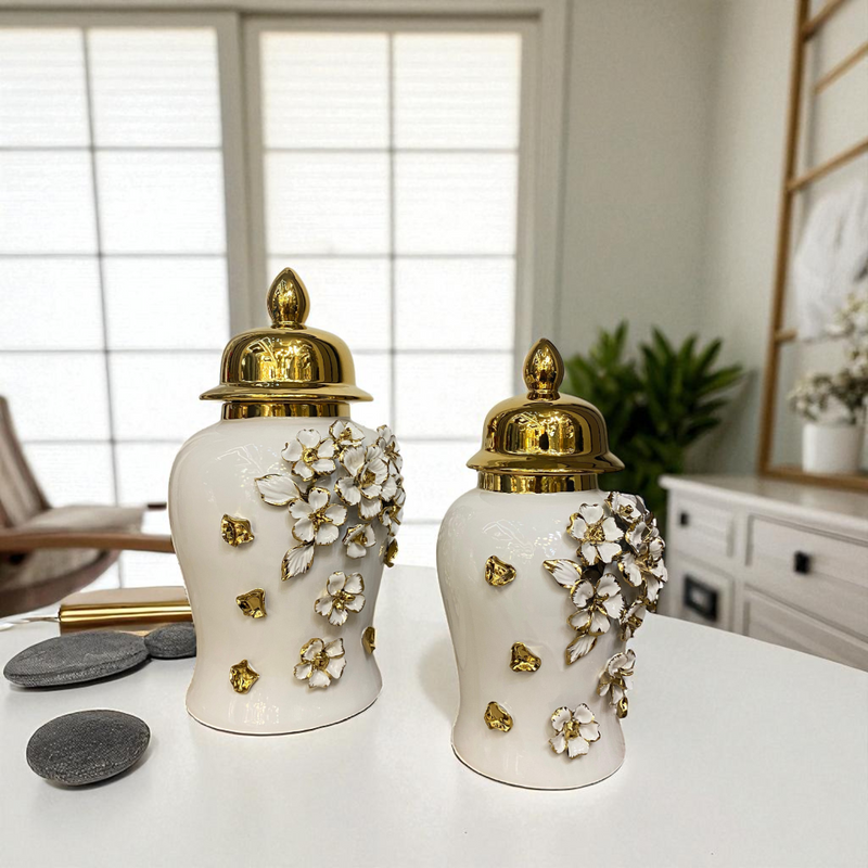 Floral Elegance White-Gold Porcelain Urns