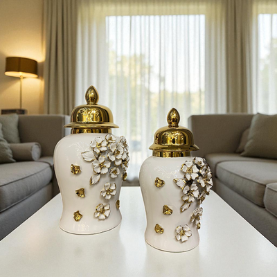 Floral Elegance White-Gold Porcelain Urns