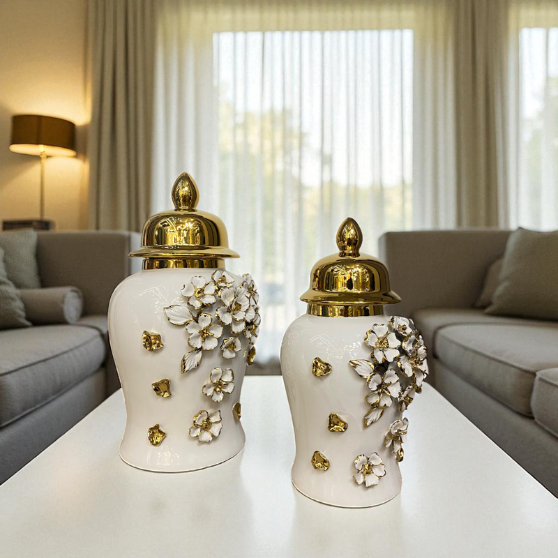 Floral Elegance White-Gold Porcelain Urns