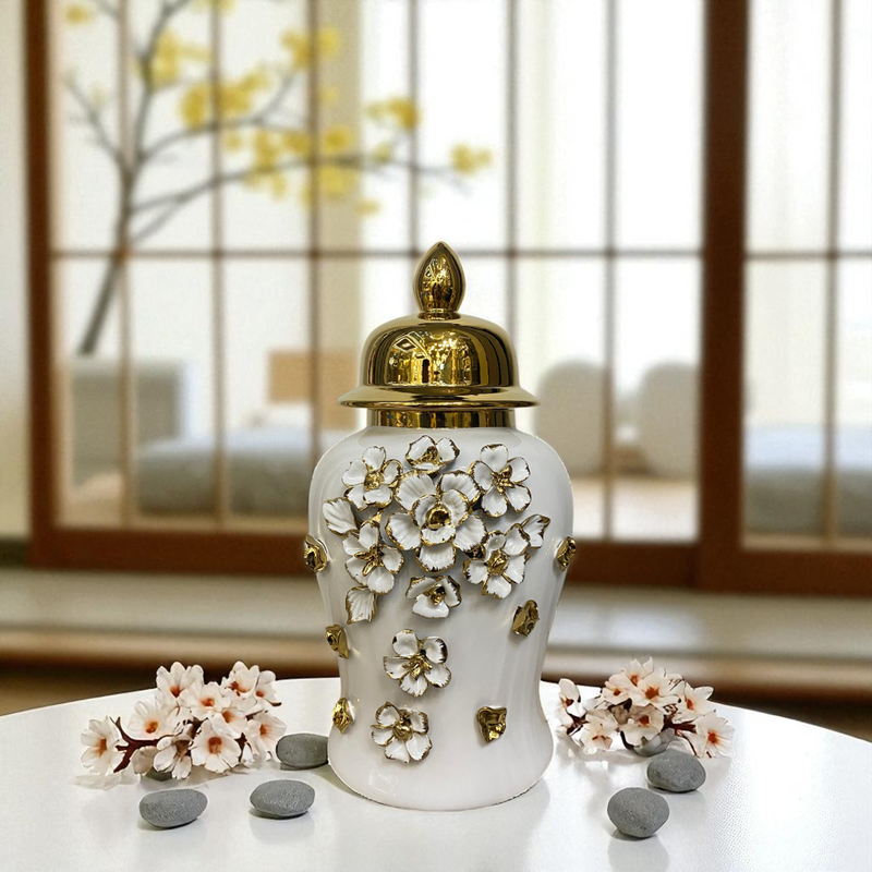 Floral Elegance White-Gold Porcelain Urns