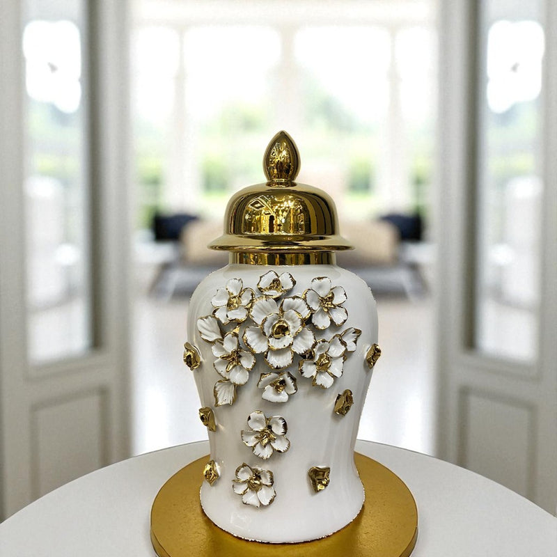 Floral Elegance White-Gold Porcelain Urns
