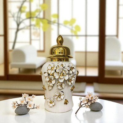 Floral Elegance White-Gold Porcelain Urns