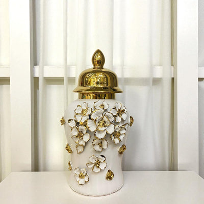 Floral Elegance White-Gold Porcelain Urns