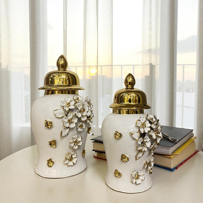 Floral Elegance White-Gold Porcelain Urns