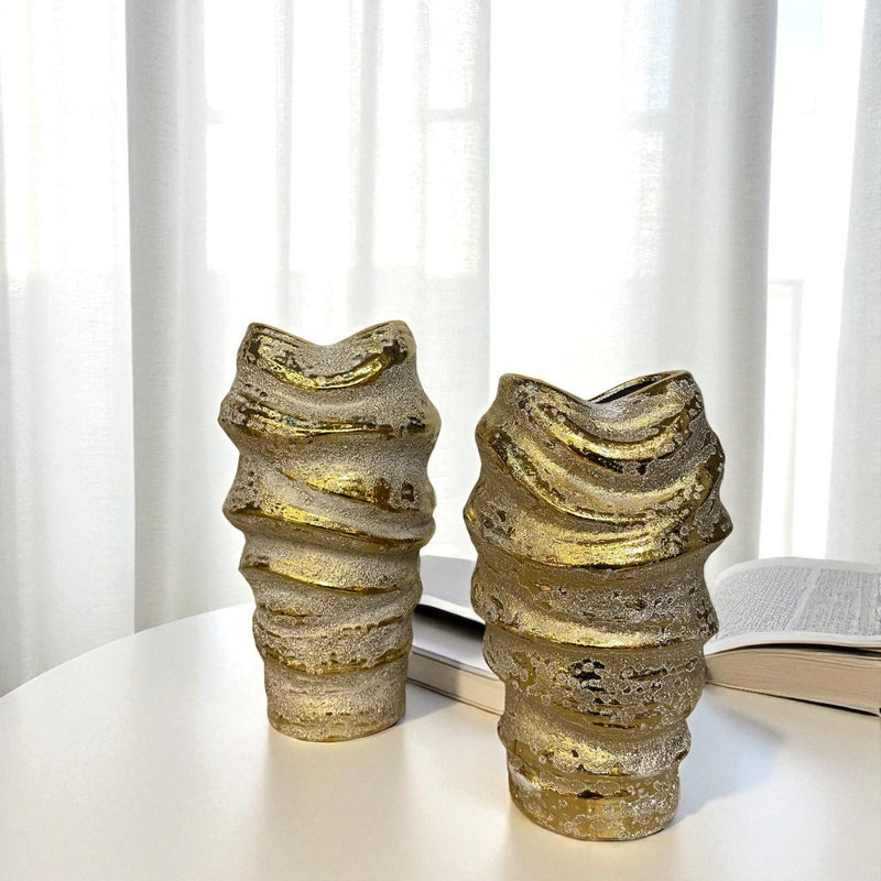 Artisanal Gold-White Textured Ceramic Vases