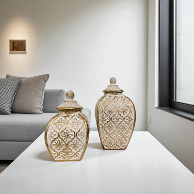 Regal White-Gold Diamond Patterned Ceramic Jars