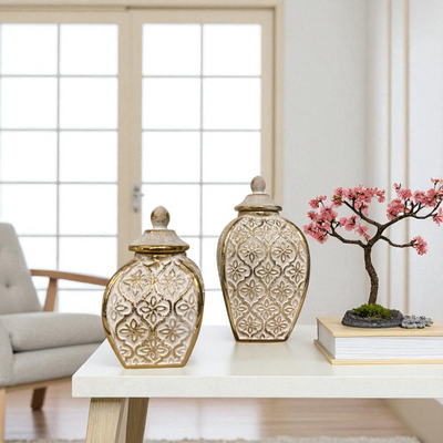 Regal White-Gold Diamond Patterned Ceramic Jars