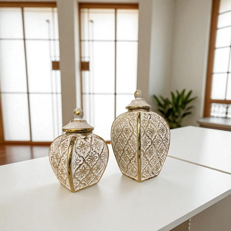 Regal White-Gold Diamond Patterned Ceramic Jars