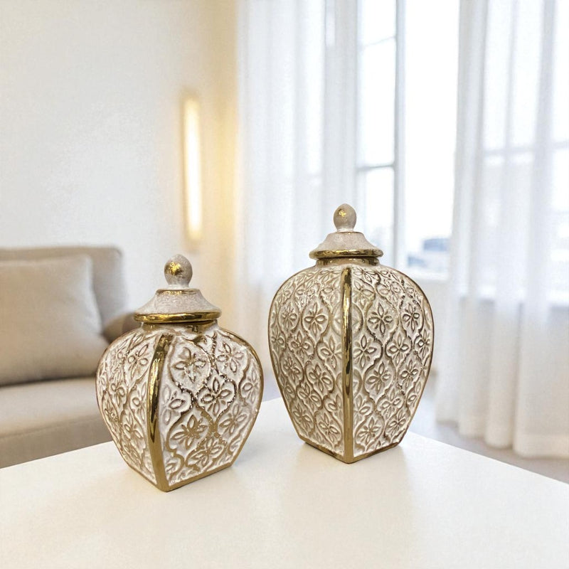 Regal White-Gold Diamond Patterned Ceramic Jars
