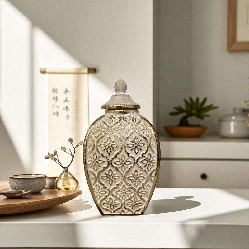 Regal White-Gold Diamond Patterned Ceramic Jars