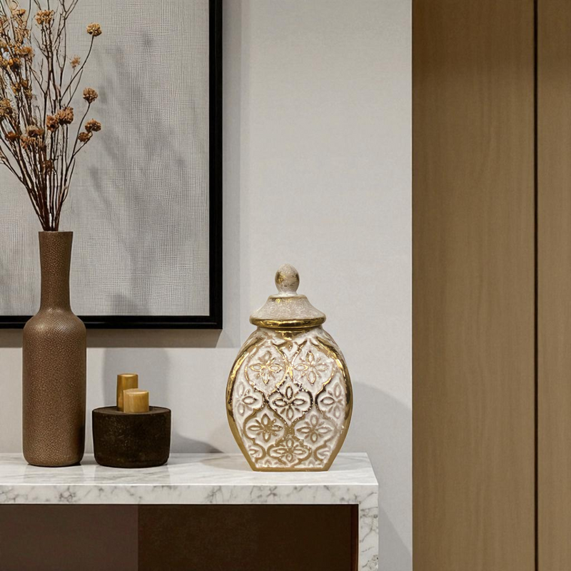 Regal White-Gold Diamond Patterned Ceramic Jars