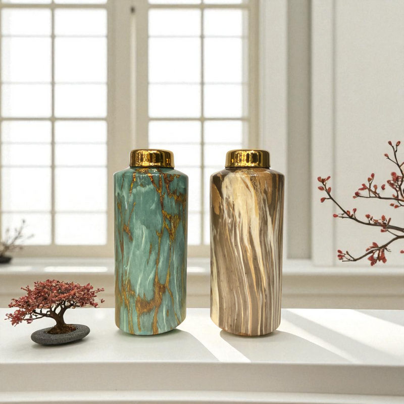 Modern Marble-Effect Ceramic Jars with Gold Lids