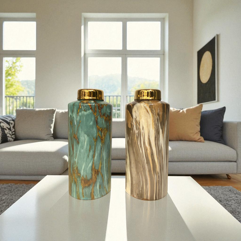 Modern Marble-Effect Ceramic Jars with Gold Lids