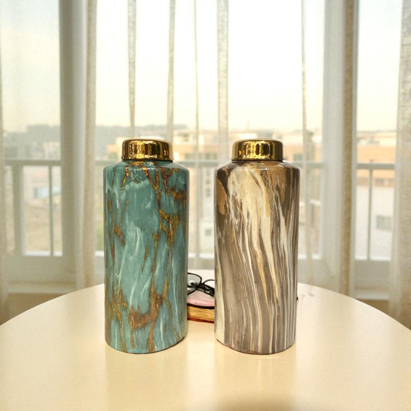 Modern Marble-Effect Ceramic Jars with Gold Lids