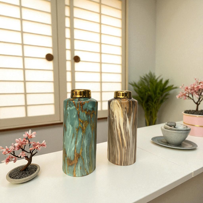 Modern Marble-Effect Ceramic Jars with Gold Lids