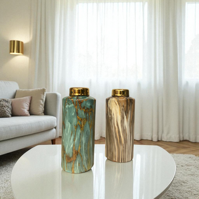 Modern Marble-Effect Ceramic Jars with Gold Lids