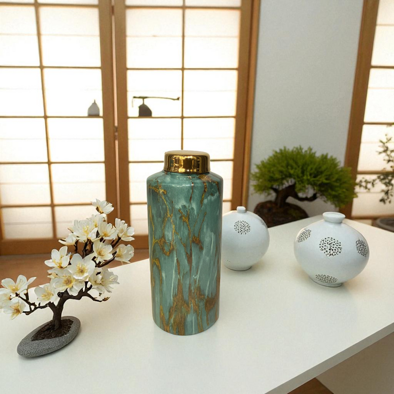 Modern Marble-Effect Ceramic Jars with Gold Lids