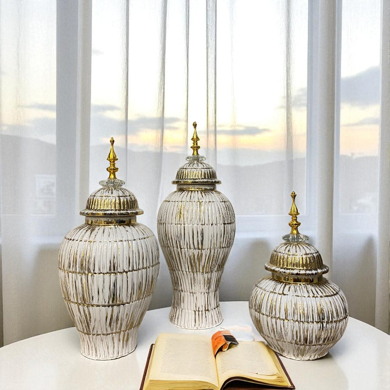 Antique White-Gold Drip Glazed Ceramic Candy Jars