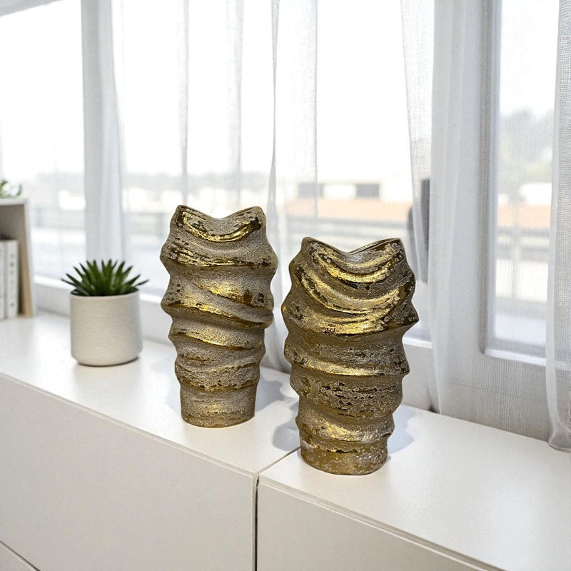 Artisanal Gold-White Textured Ceramic Vases