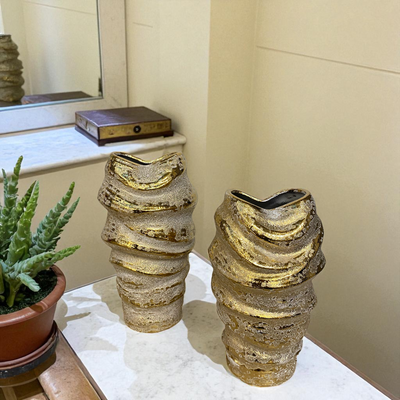 Artisanal Gold-White Textured Ceramic Vases