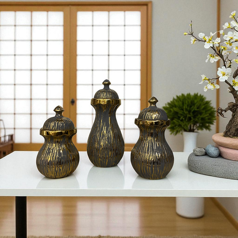Retro Black-Gold Mini Ceramic Jars
