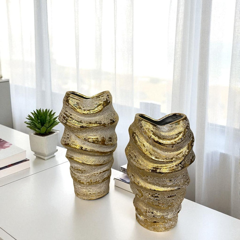 Artisanal Gold-White Textured Ceramic Vases