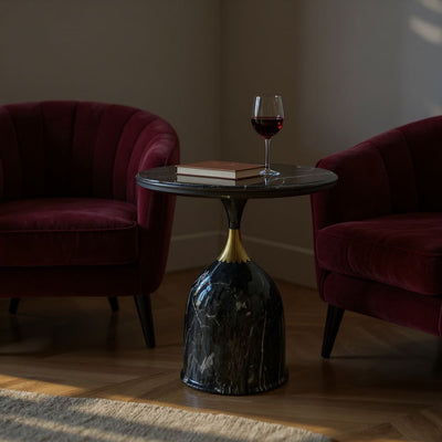 Elysian Aura Black Side Table – Black Marble Top with Textured Base