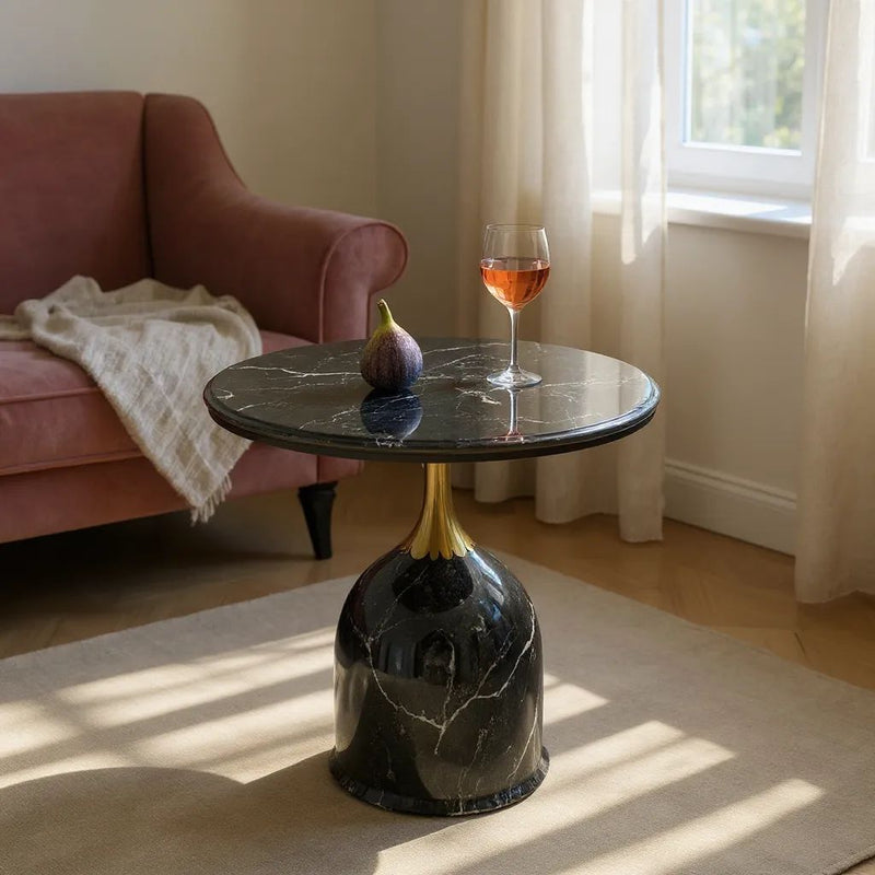 Elysian Aura Black Side Table – Black Marble Top with Textured Base