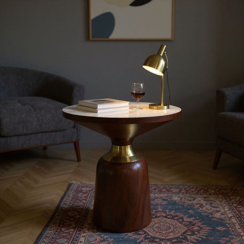 Aristo Round Side Table – White Marble Top with Brown Base