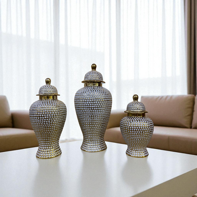 Opulent Weave White-Gold Porcelain Jars