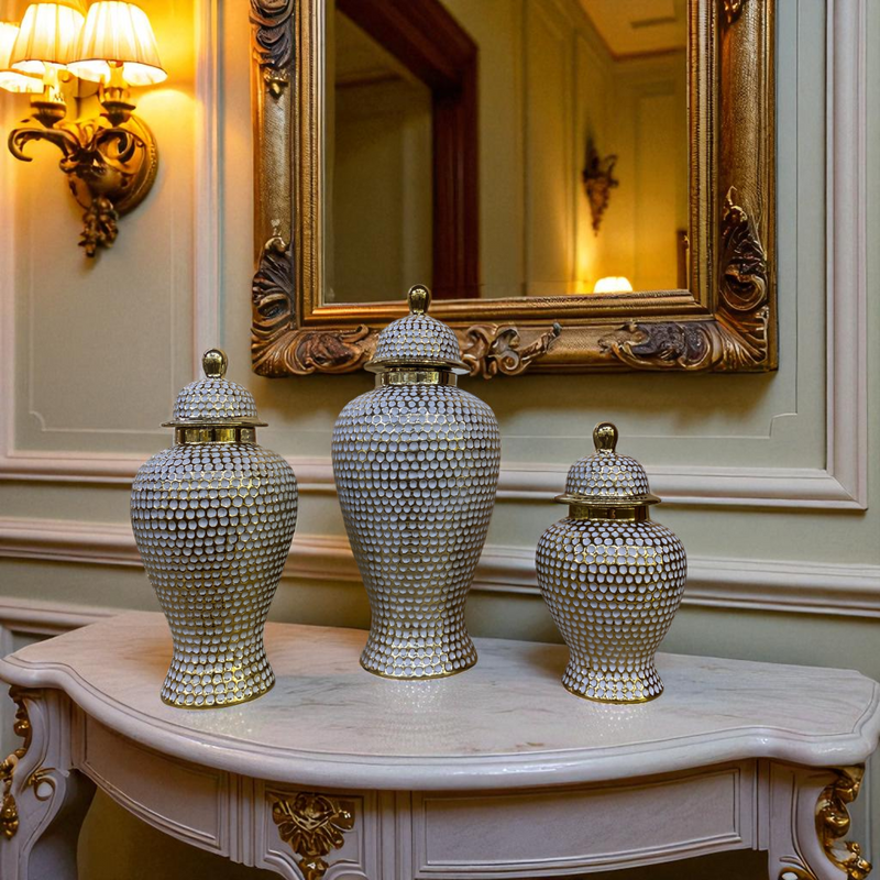 Opulent Weave White-Gold Porcelain Jars