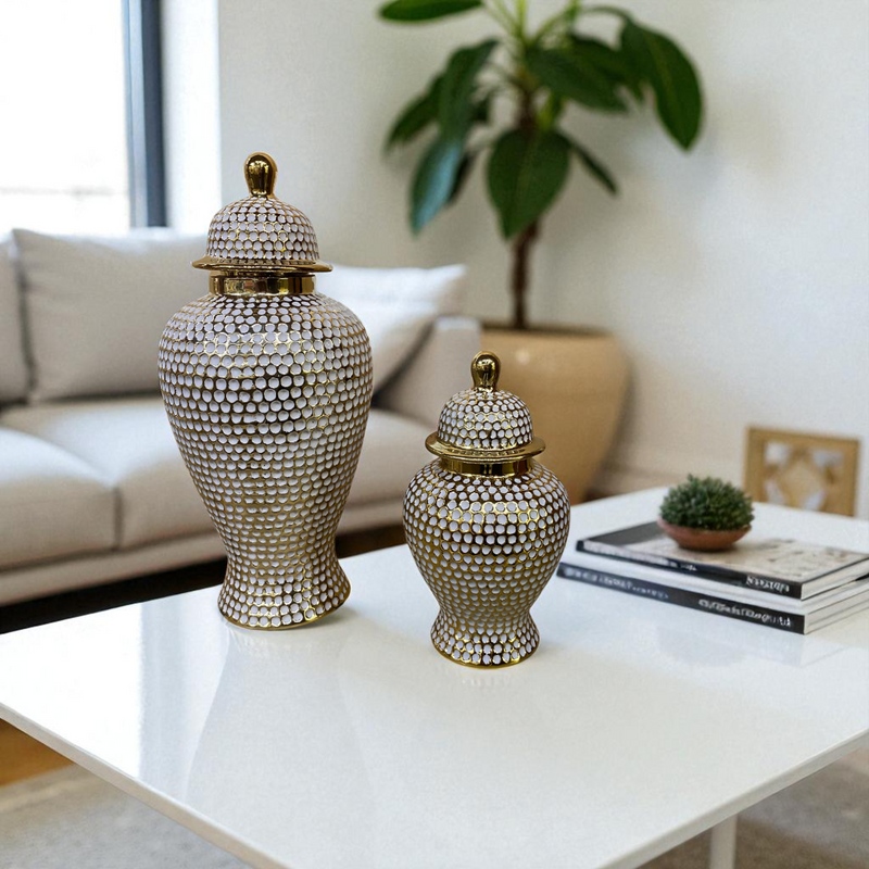 Opulent Weave White-Gold Porcelain Jars