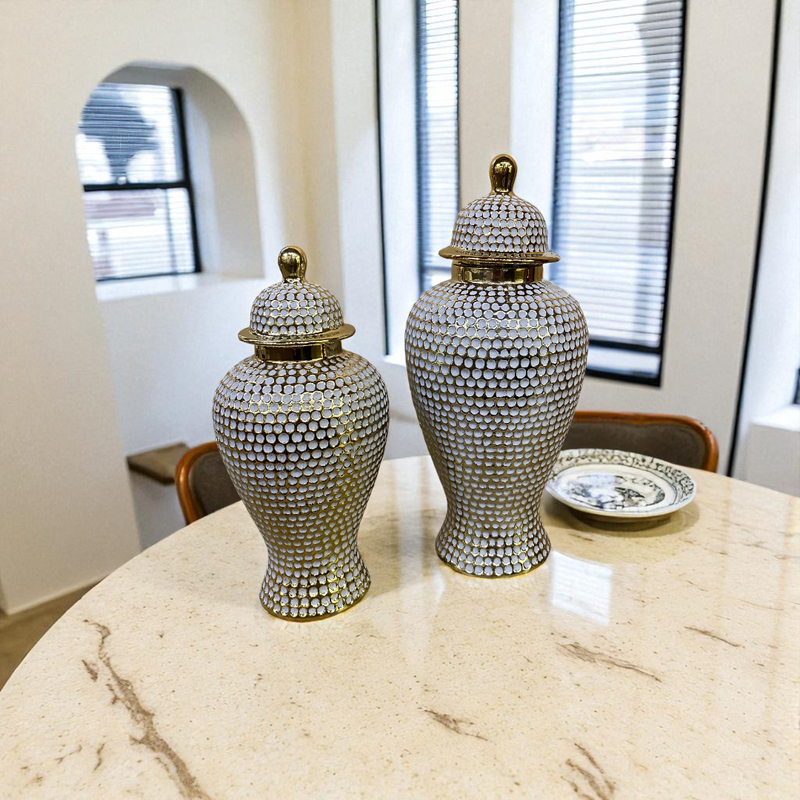 Opulent Weave White-Gold Porcelain Jars