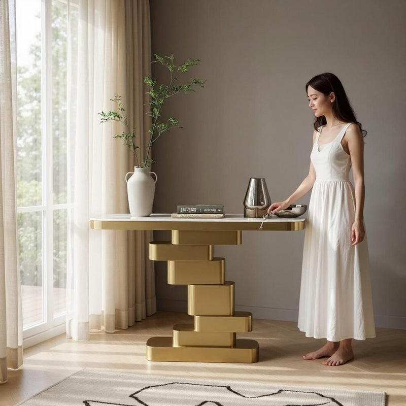 Modern Brass Side Table Console (Ceramic Top)