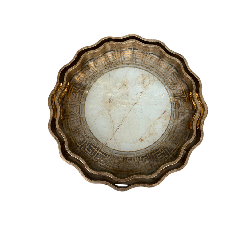 Round Scalloped Edge Gold Trays with Sunburst Design