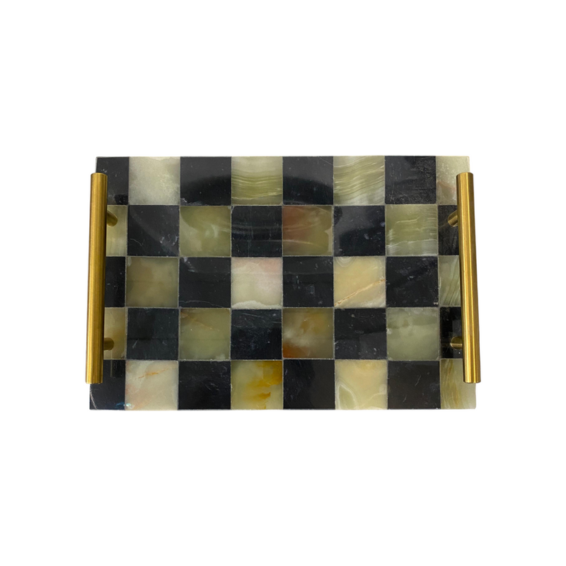 Checkered Marble Accent Tray with Brass Handles
