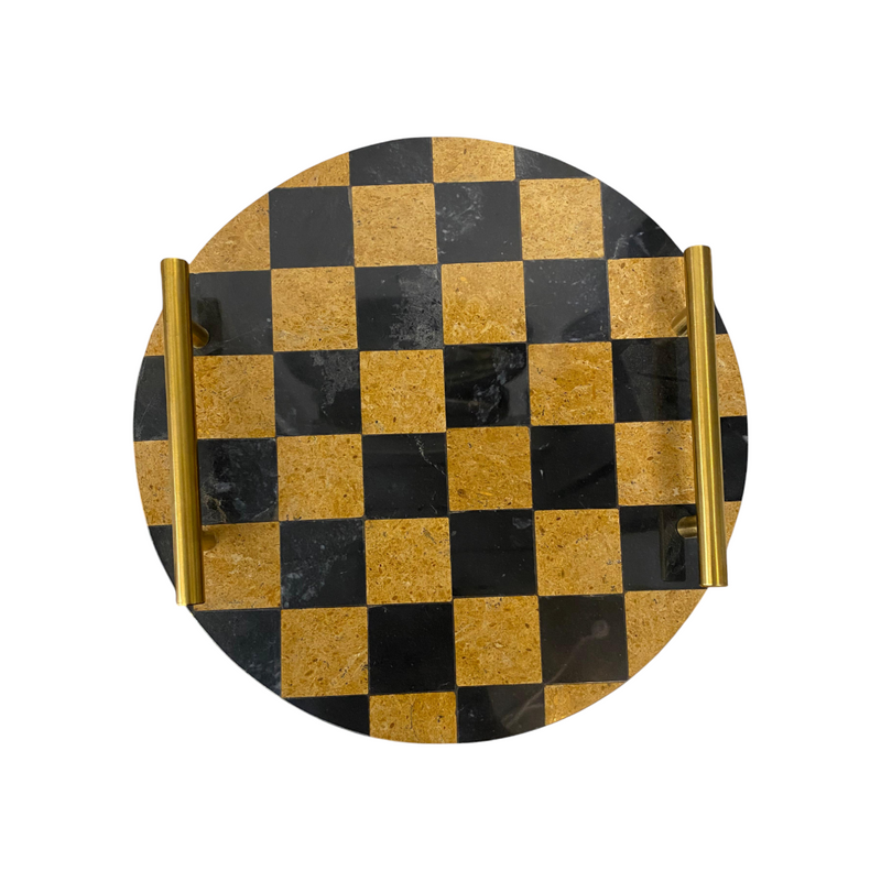 Round Checkered Marble Tray with Brass Handles