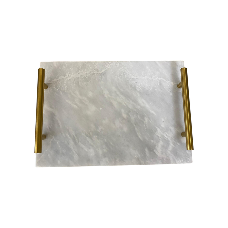White Marble Rectangular Tray with Brass Handles