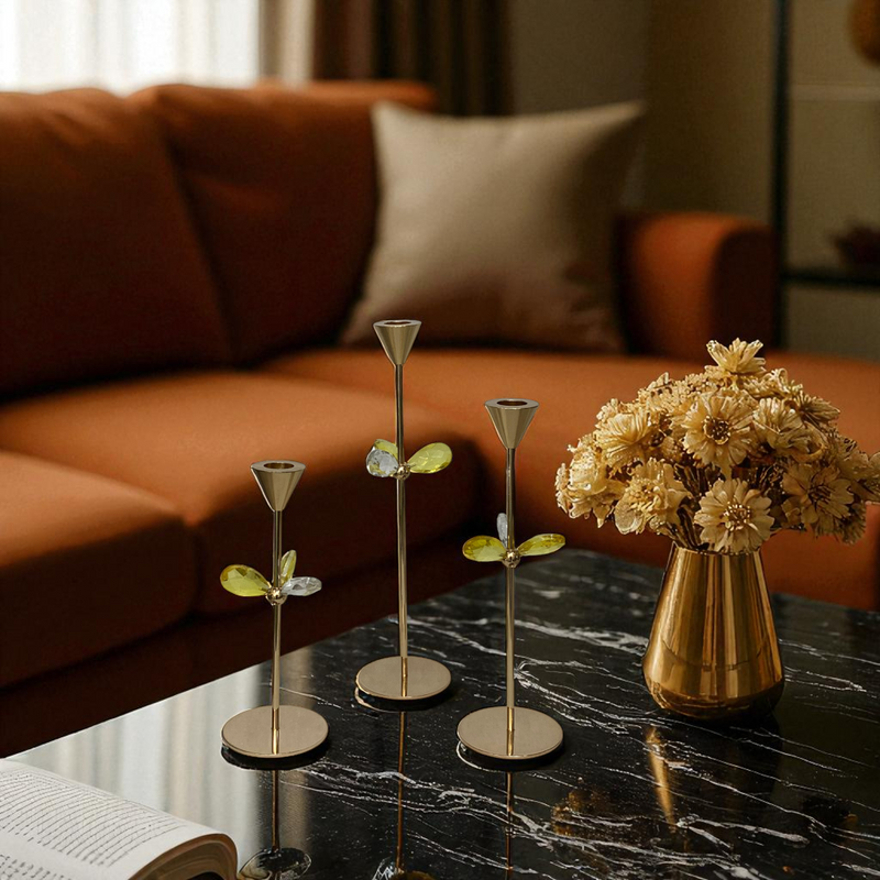 Golden Leaf Taper Candle Holder Set