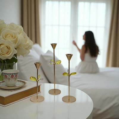 Golden Leaf Taper Candle Holder Set