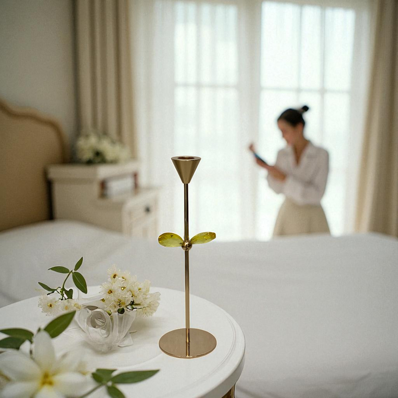 Golden Leaf Taper Candle Holder Set