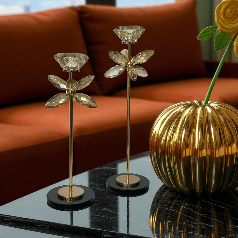 Golden Petal Crystal Candle Stands Set