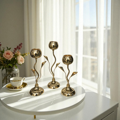 Metallic Golden Bloom Candle Holders