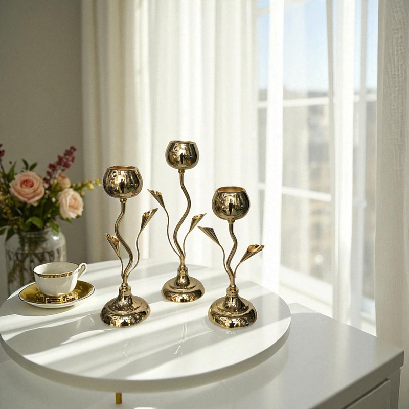 Metallic Golden Bloom Candle Holders