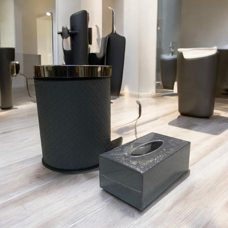 Luxury Silver Leather Dustbin & Tissue Box Set