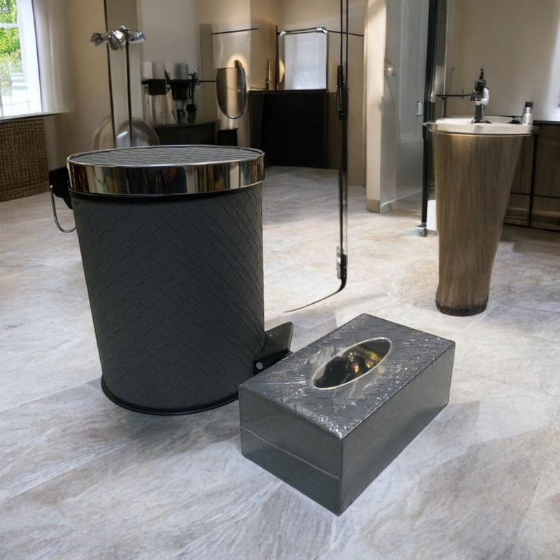 Luxury Silver Leather Dustbin & Tissue Box Set