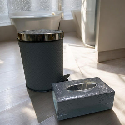 Luxury Silver Leather Dustbin & Tissue Box Set
