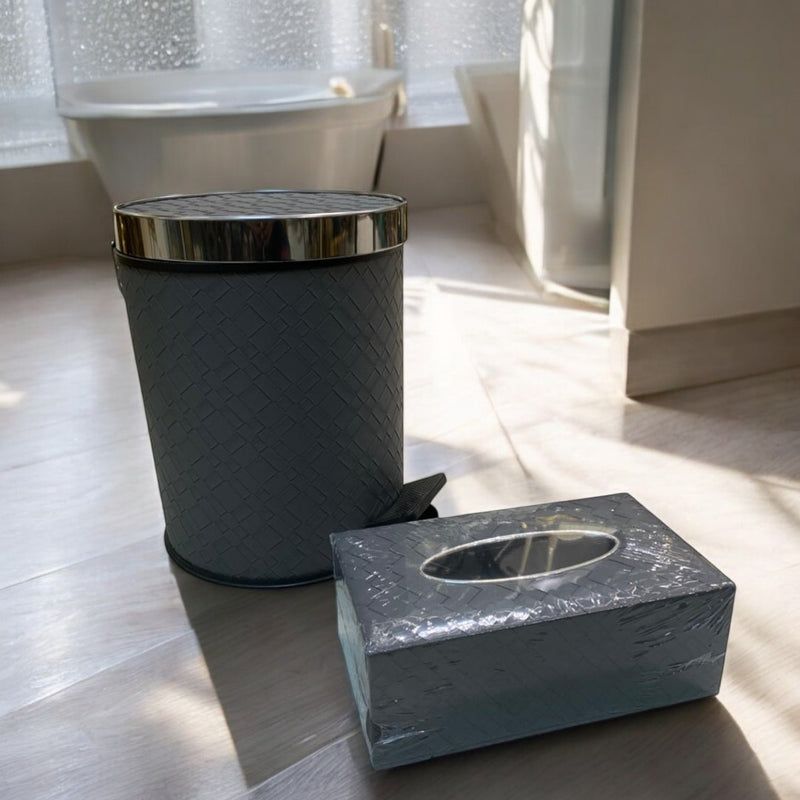 Luxury Silver Leather Dustbin & Tissue Box Set