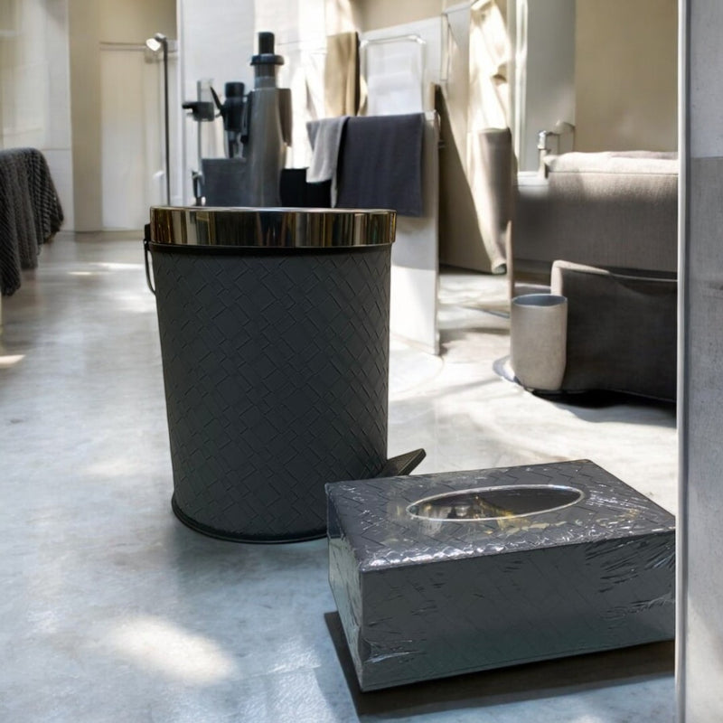 Luxury Silver Leather Dustbin & Tissue Box Set